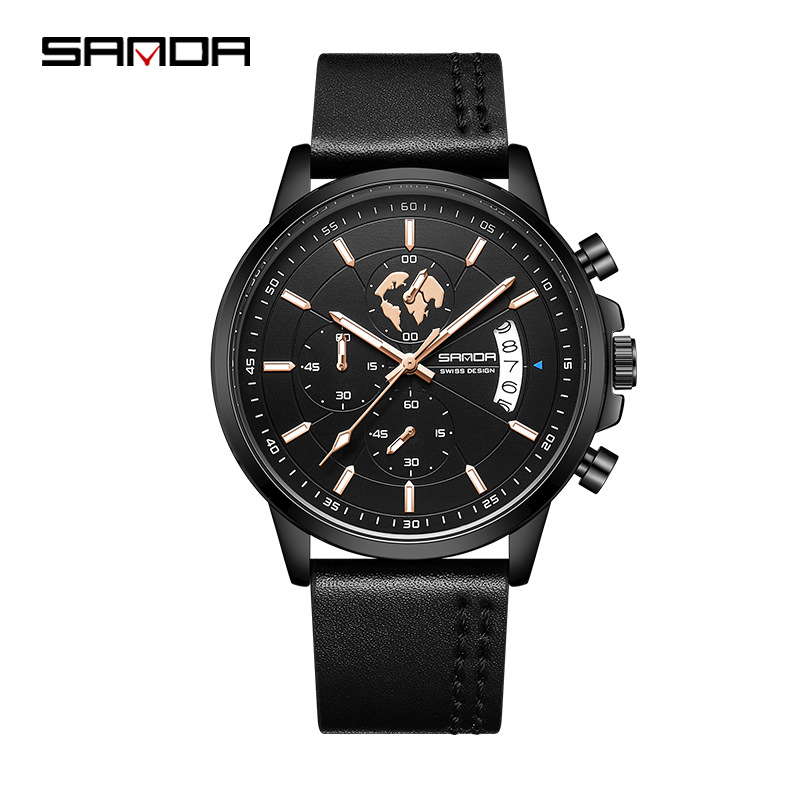 Sanda's New Steel Band Three-Eye Six-Pin Quartz Men's Watch Fashionable Simple Calendar Watch Men's High-End Waterproof