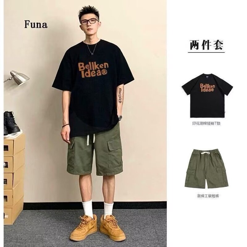 Men's Short-sleeved T-shirt Summer 2023 New Arrival Heavy-weight T-shirt Boys Loose Trendy Brand Ins Half-sleeved Two-piece suit