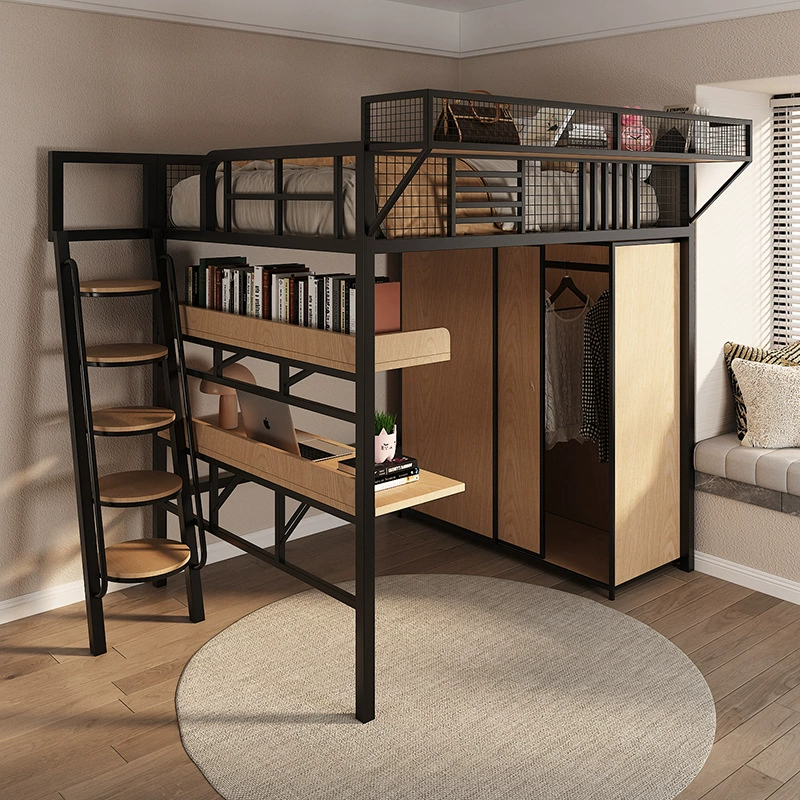Железная двухъярусная кровать с двухъярусной подвесной кроватью, двухъярусной верхней кроватью с нижним пространством, одноярусной верхней кроватью-чердаком, кроватью для небольшой квартиры с шкафом под кроватью.