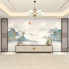 新中式客廳電視背景牆護牆板山水花鳥沙發影視牆竹木纖維集成牆板