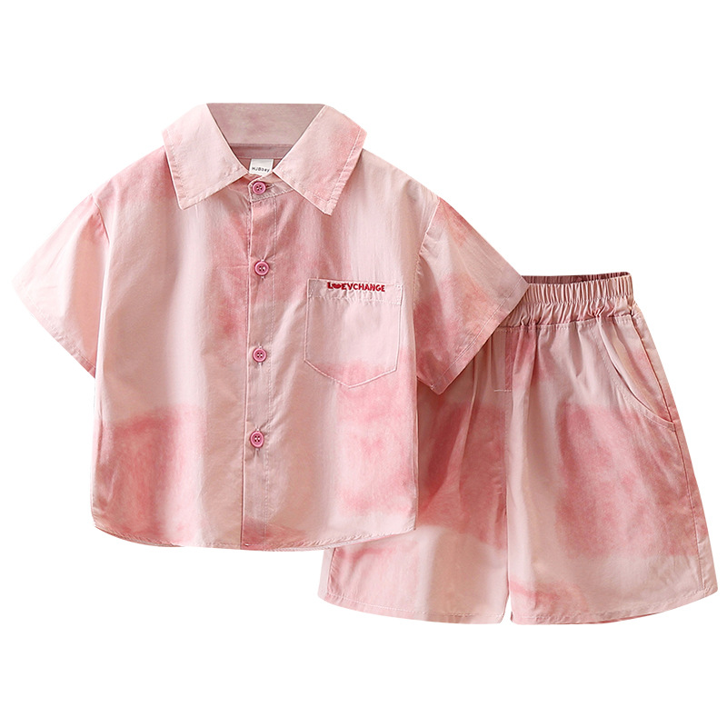 7141 Traje de camisa rosa para niños 2025 nuevo verano niño de manga corta bebé verano delgado traje de dos piezas de moda