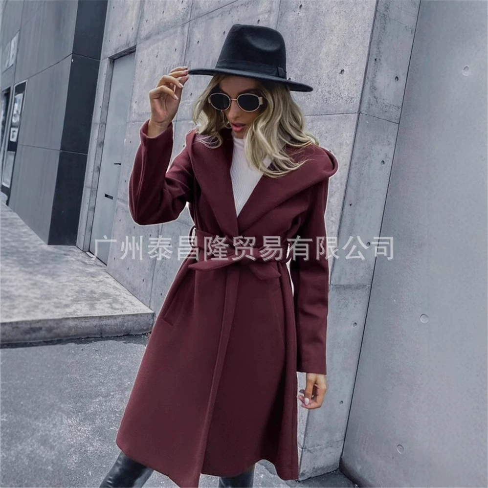 Amazon осень-зима 2020, повседневное модное шерстяное пальто средней длины на шнуровке без пуговиц, повседневная куртка