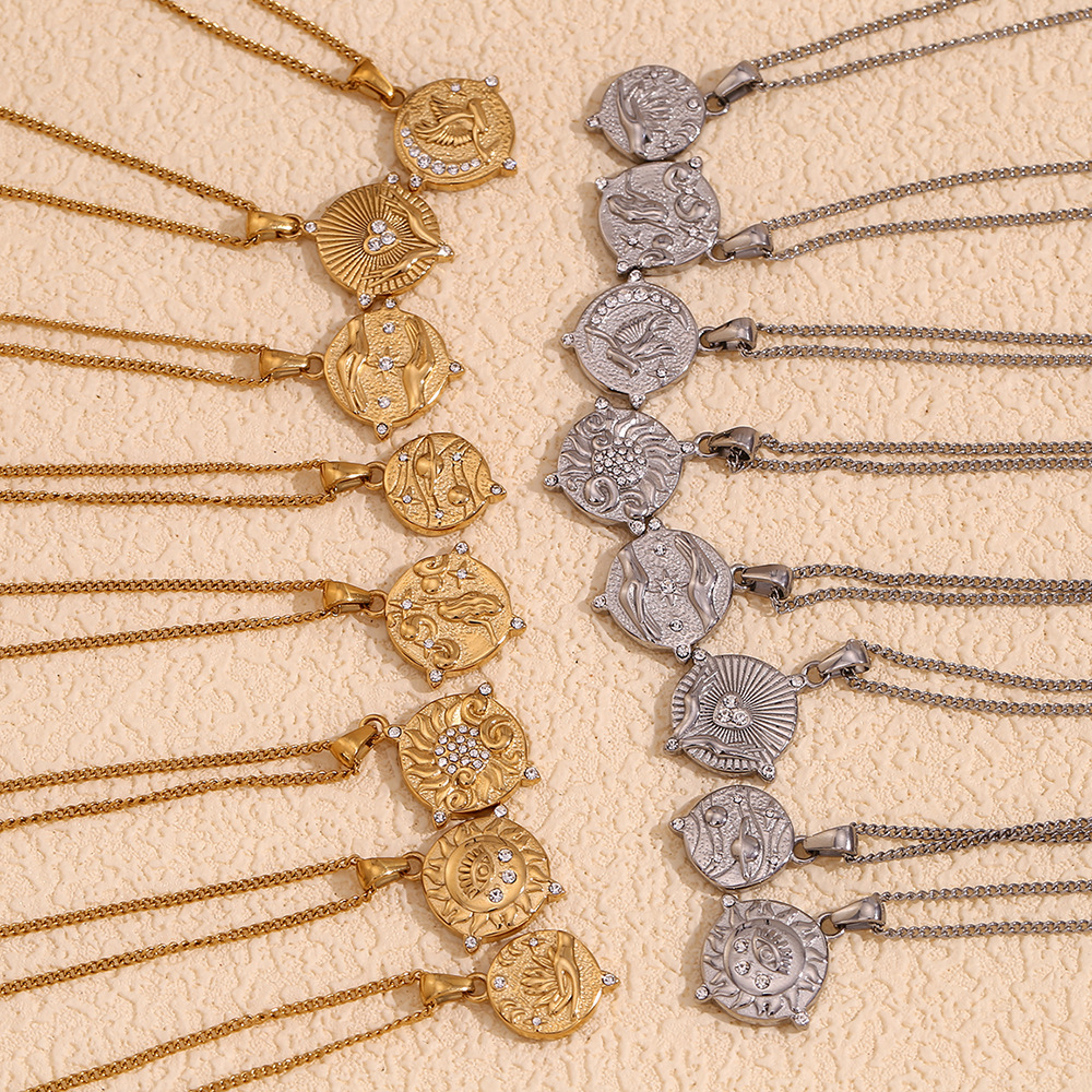 Zircon Inlaid Tarot Stainless Steel Pendant Necklace