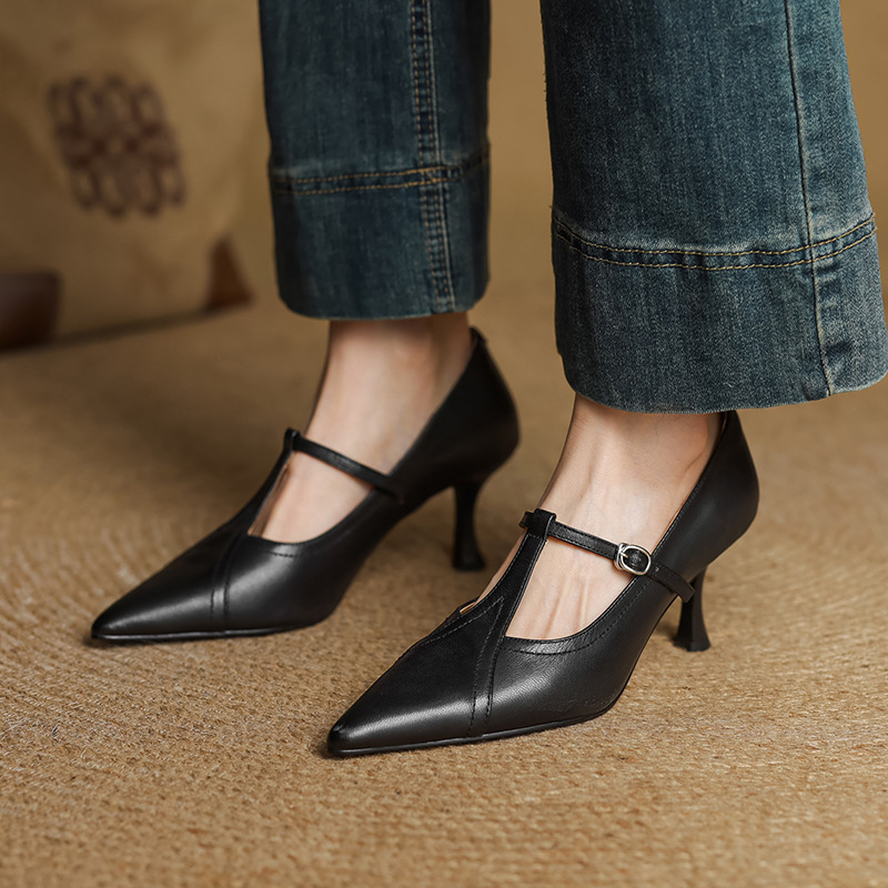 Large and Small Size Removable Goatskin Simple Retro Mary Jane Shoes 2025 New One-Word Buckle Stiletto Heel Pointed Toe Flats for Women