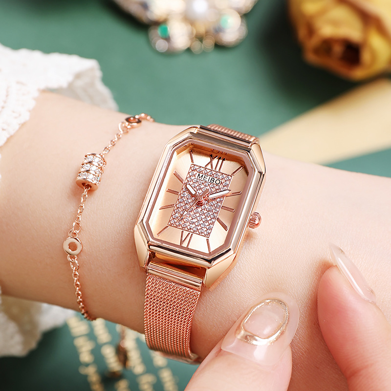 Meibo's New Square Retro Women's Watch Is a Hot Seller on Live Streaming Platforms, Featuring a Mesh Strap, and Is a Popular Wholesale Item on Douyin