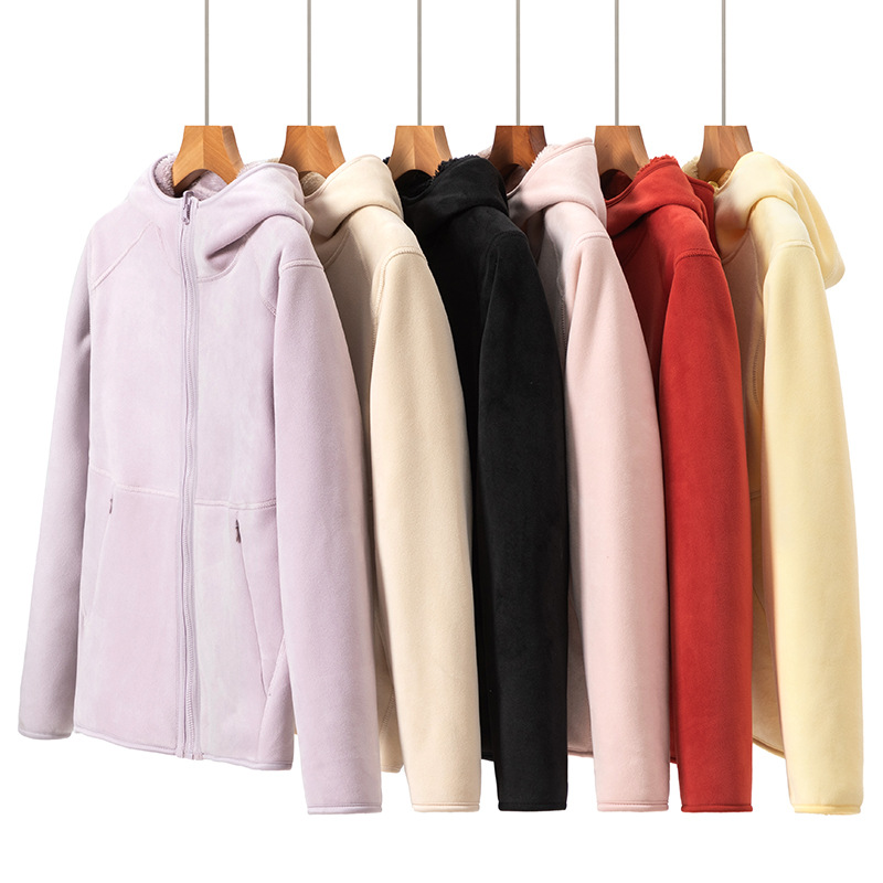 Doble cara de abrigo de terciopelo de mujer otoño y invierno calentamiento grueso agitado con capuchón cardigan de invierno para mujeres para correr y escalar montañas