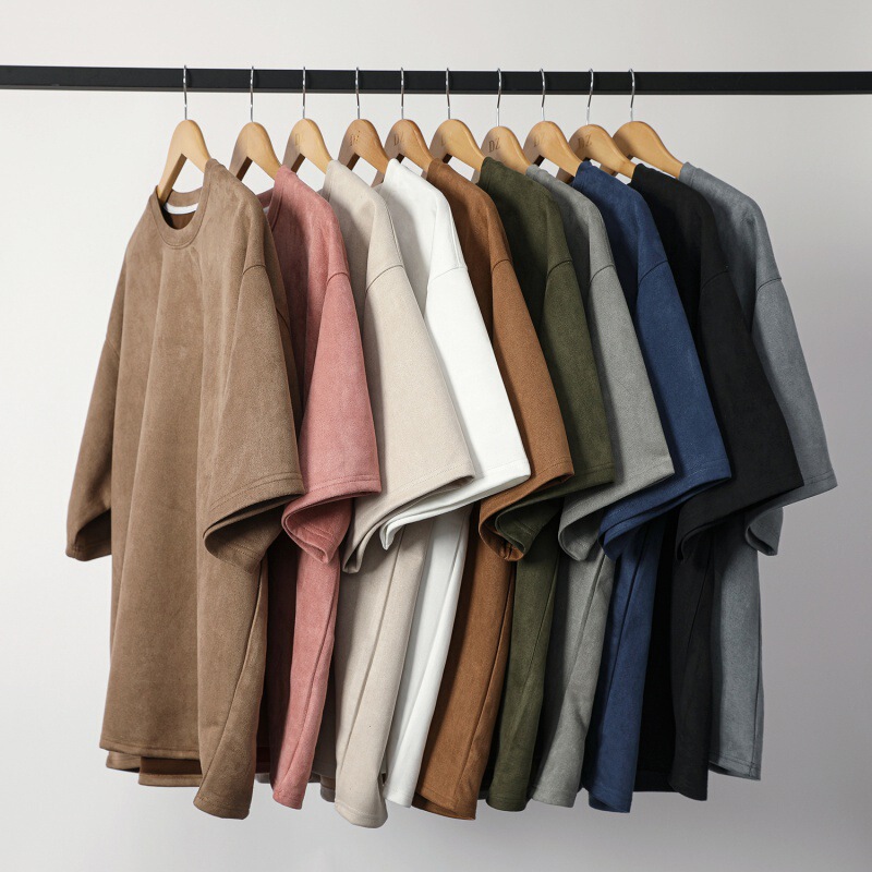 2025 T-Shirt Men's New Men's Two-Open Pure Color Light Suede Loose Round Neck Pullover Short-Sleeved T-Shirt