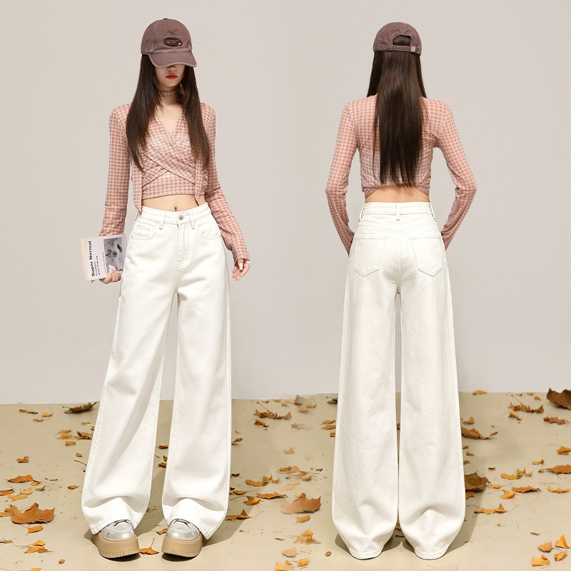 Direct from the manufacturer: white wide-leg jeans for women, new autumn 2026 model, high-waisted, slimming, loose fit, straight pants for petite individuals Direct from the manufacturer: white wide-leg jeans for women, new autumn 2026 model, high-waisted, slimming, loose fit, straight pants for petite individuals