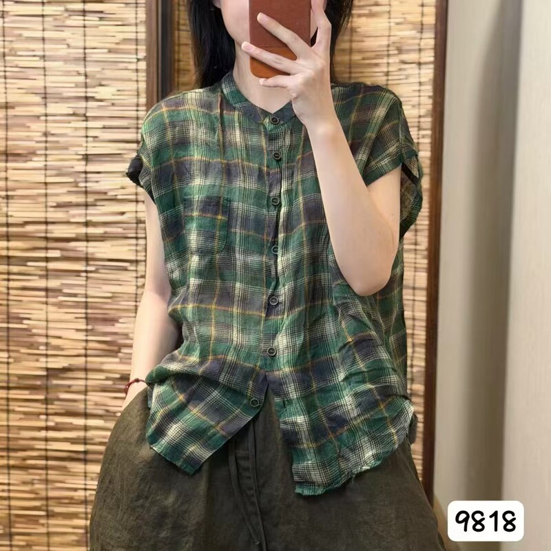 26 New Summer Style Lightweight Linen Plaid Short-Sleeved Shirt, Retro Literary Style, Fashionable, Simple and Versatile Cardigan 26 New Summer Style Lightweight Linen Plaid Short-Sleeved Shirt, Retro Literary Style, Fashionable, Simple and Versatile Cardigan