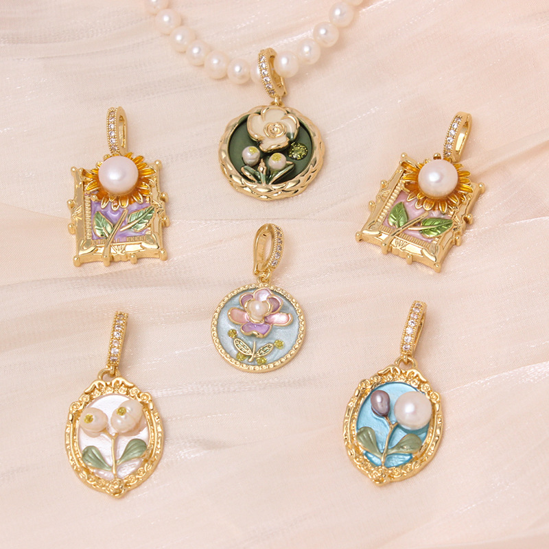 6g Weight Pendant Jewelry Making Type DIY Ornament Accessories Classification 1 Piece Quantity Freshwater Pearl, Copper Material Flower Pattern All Seasons Season Enamel Design Chinoiserie, Classical Style 1 Piece Freshwater Pearl Copper Flower Pendant 4