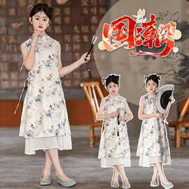 中国风旗袍连衣裙2025夏季新款无袖女童新中式水墨画礼服演出裙