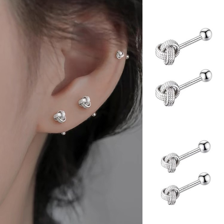 s999纯银如意结耳环女气质高级感螺丝耳钉小众足银耳骨钉耳饰批发