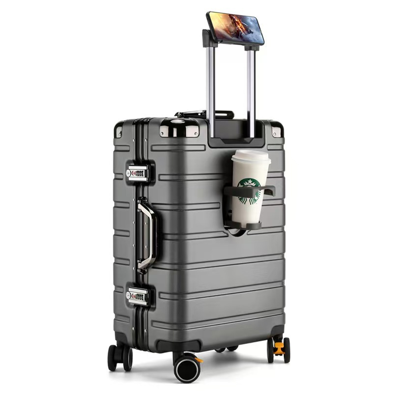 Una pieza de caja trolley con marco de aluminio, maleta con rueda universal, caja de contraseña de carga resistente a los arañazos para mujer de 24 pulgadas, portavasos