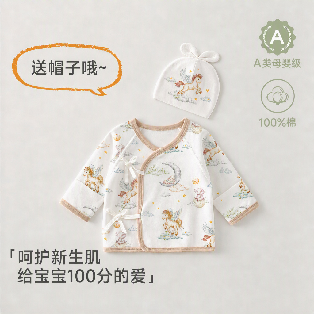 Baby clothes, Class A, pure cotton half-back blouse, baby hat, summer thin, sweat-absorbent, breathable, seamless, monk-style baby top.