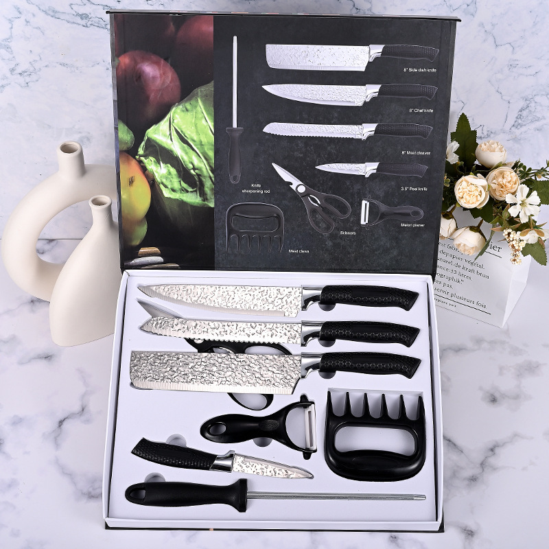 Juego de cuchillos de 8 piezas con mango de malla y patrón de martillo