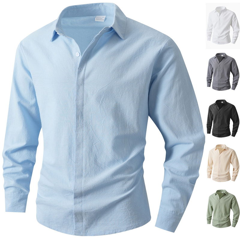 Cross-Border European and American Amazon Spring and Autumn Lapel Men's Simple and Personalized Solid Color Commuting Casual Sports Long-Sleeved Shirt Cross-Border European and American Amazon Spring and Autumn Lapel Men's Simple and Personalized Solid Color Commuting Casual Sports Long-Sleeved Shirt