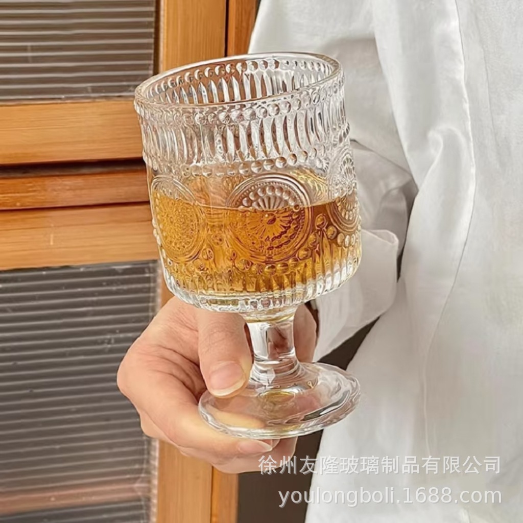 高颜值ins风太阳花浮雕果汁杯冰激凌布丁冷饮料高脚杯竖纹玻璃杯