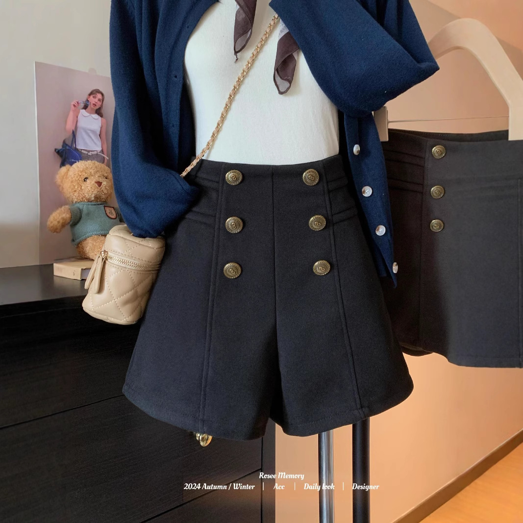 (2개) 리얼 샷 2024 가을과 겨울 새로운 한국 버전의 기사 바지 모직 반바지 작은 향기로운 스타일 높은 허리 A 자형 다리 긴 반바지 여성
