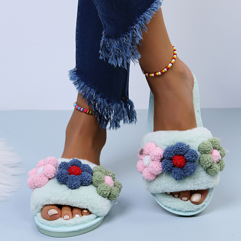 Flat-Bottomed Colorful Flowers Furry Slippers NSKJX104840