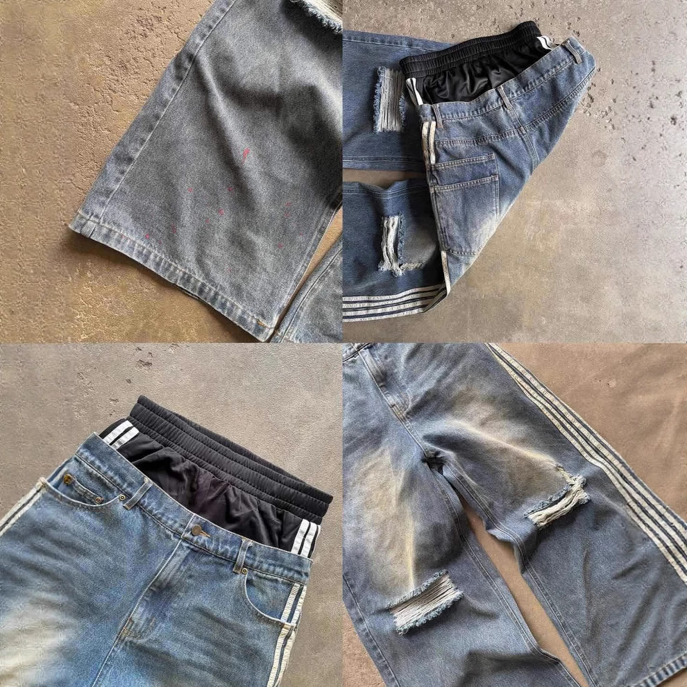 Vaqueros a rayas lavados europeos y americanos, pantalones de trapeador de pierna ancha de hip-hop holgados casuales de cintura alta para hombres