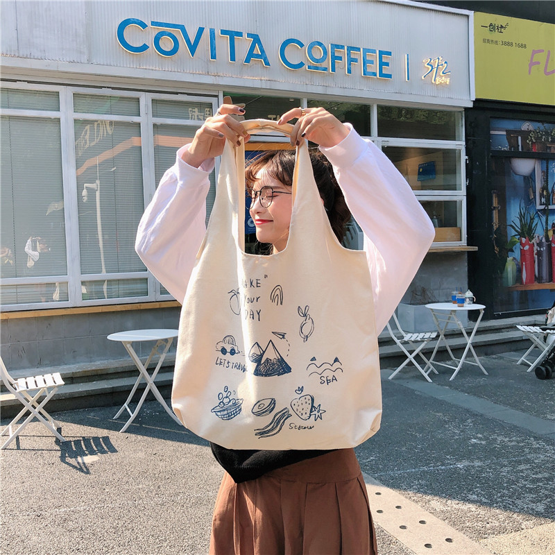 99304 ins single-shoulder hand-carry canvas bag, cute cartoon illustration tote bag for girls, student trend undefined