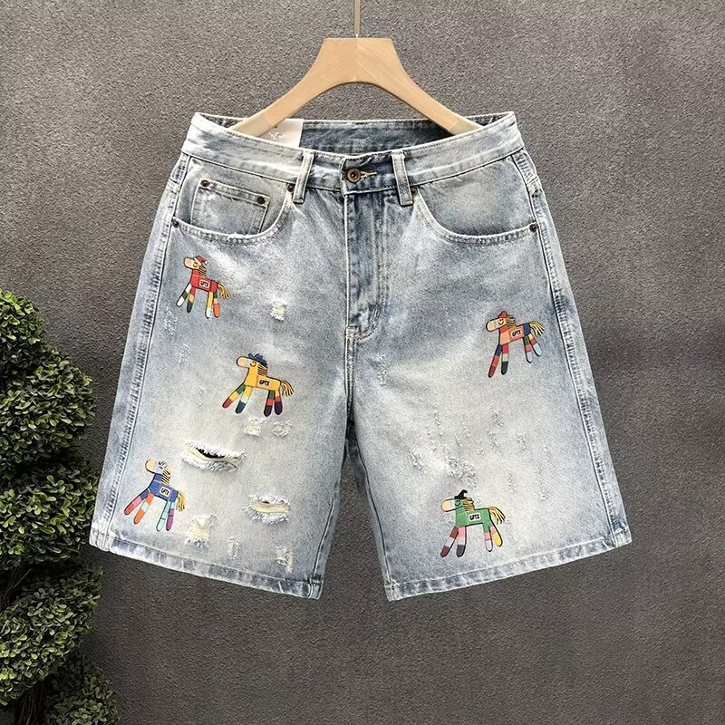 Summer Thin Trendy Brand Ripped Denim Shorts for Men, Fashionable Embroidered Five-Point Pants, Korean Style Casual Elastic Mid-Length Pants