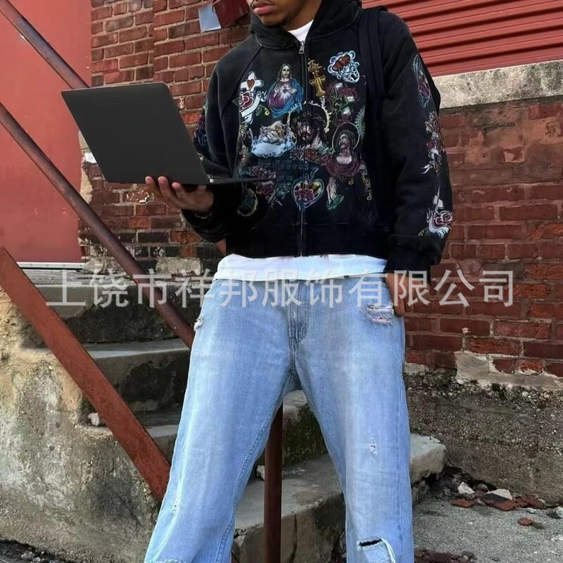Grunge Retro Clothing Y2K Zip-Up Hoodie Streetwear Men's and Women's Pattern Oversized Rapper Grunge Retro Clothing Y2K Zip-Up Hoodie Streetwear Men's and Women's Pattern Oversized Rapper