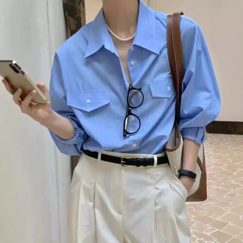 Women's Loose Straight-C Collar Striped Long-Sleeve Shirt with Single Button - Chic Autumn New Style, Versatile and Stylish