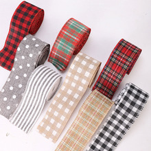 仿麻圣诞织带ribbon铁丝铁线丝带格子带装饰红白黑绿格子丝带6米