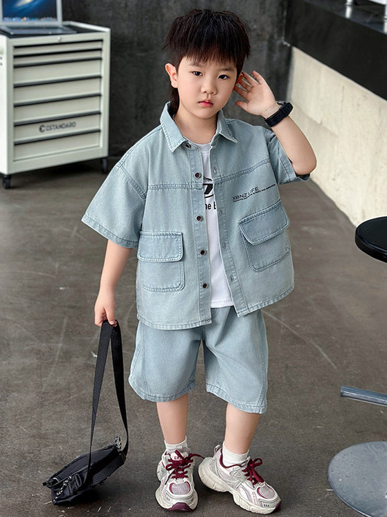 Conjunto de Verano para Niños 8088, Modelo 2026, Conjunto de Manga Corta de Mezclilla a la Moda para Niños, Ropa Delgada de Verano para Bebés
