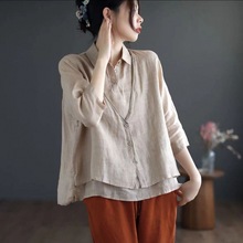 2025年夏季新款棉麻文艺宽松假两件纯色衬衫上衣n女#6086#