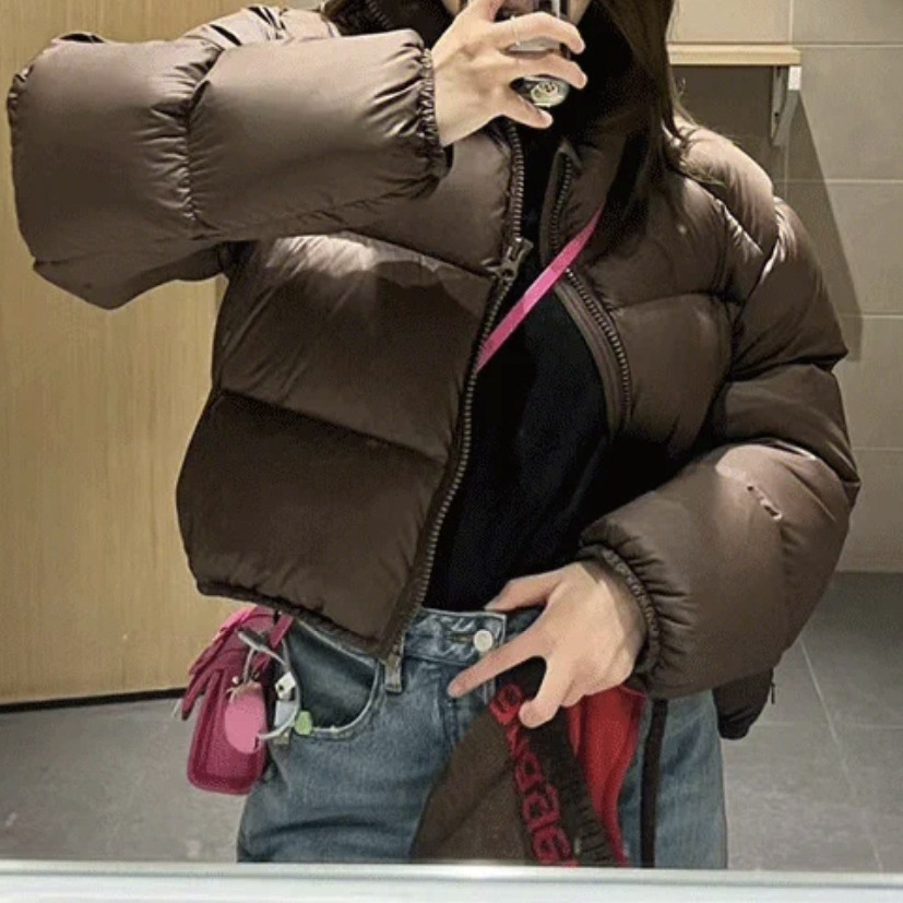 Short Down Coat For Women Stand Collar Coffee Colour Winter Jacket_voghion.com
