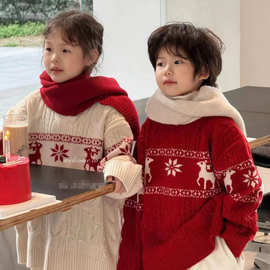 【4723】男童毛衣圣诞圆领红色女童秋冬加厚2025宽松保暖针织衫上