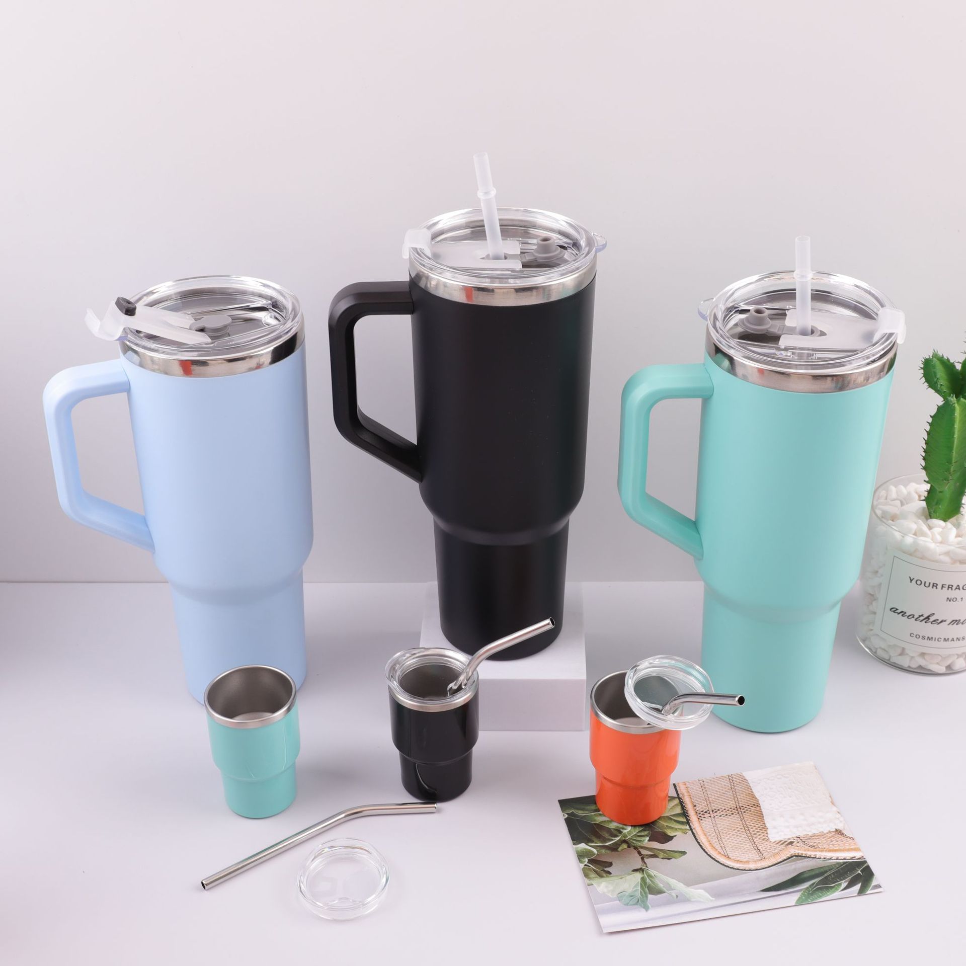 Nuevos productos transfronterizos 30oz conjunto de tazas de paja de acero inoxidable de doble capacidad al aire libre para compartir tazas al por mayor