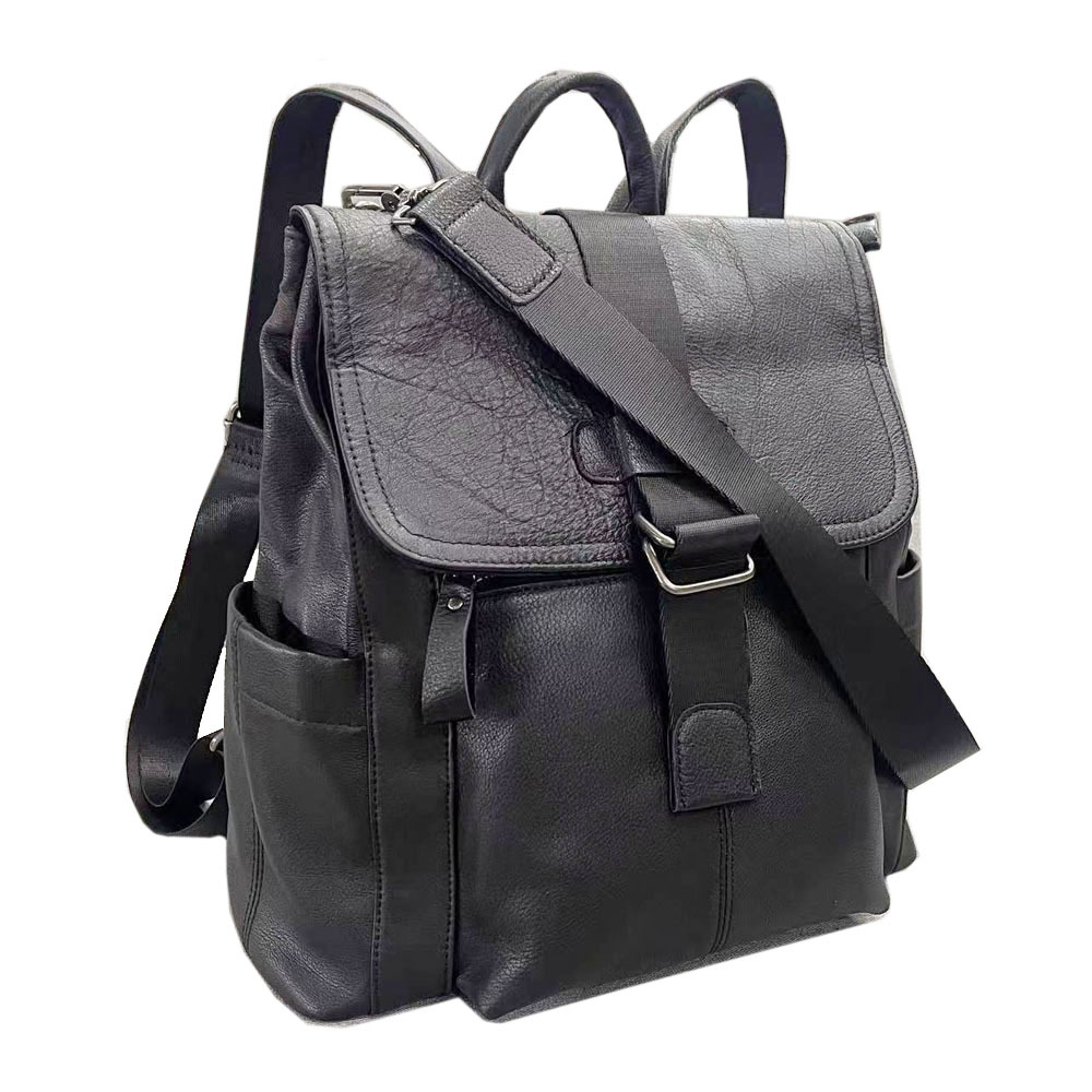 Leather Backpack, Fashionable Men's And Women's Backpack, Black Soft Cowhide Travel Backpack_voghion.com