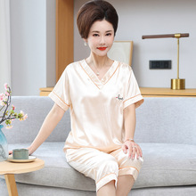 睡衣女夏季冰丝透气宽松短袖短裤可外穿中老年妈妈大码家居服套装