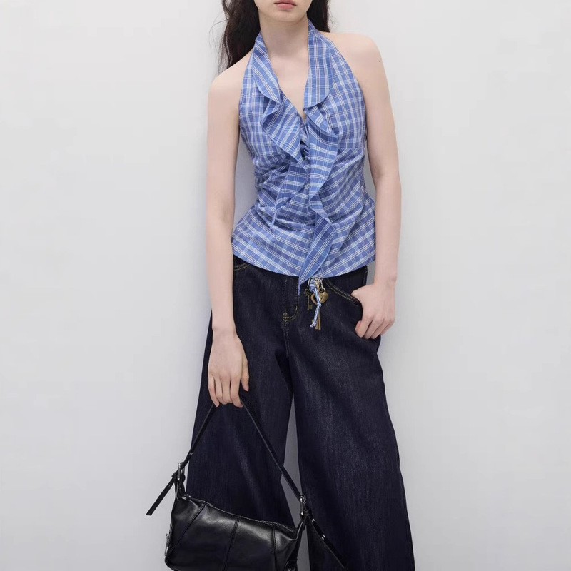 Annatto Urban Romance Summer Design Blue Plaid V-Neck Halter Vest Top Jeans for Women