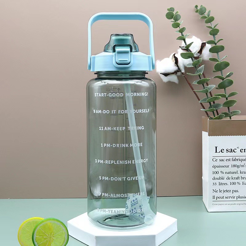 2000ml plastic space cup with time scale, straight cylinder, large capacity, outdoor sports water bottle, transparent spring lid water cup pic 5