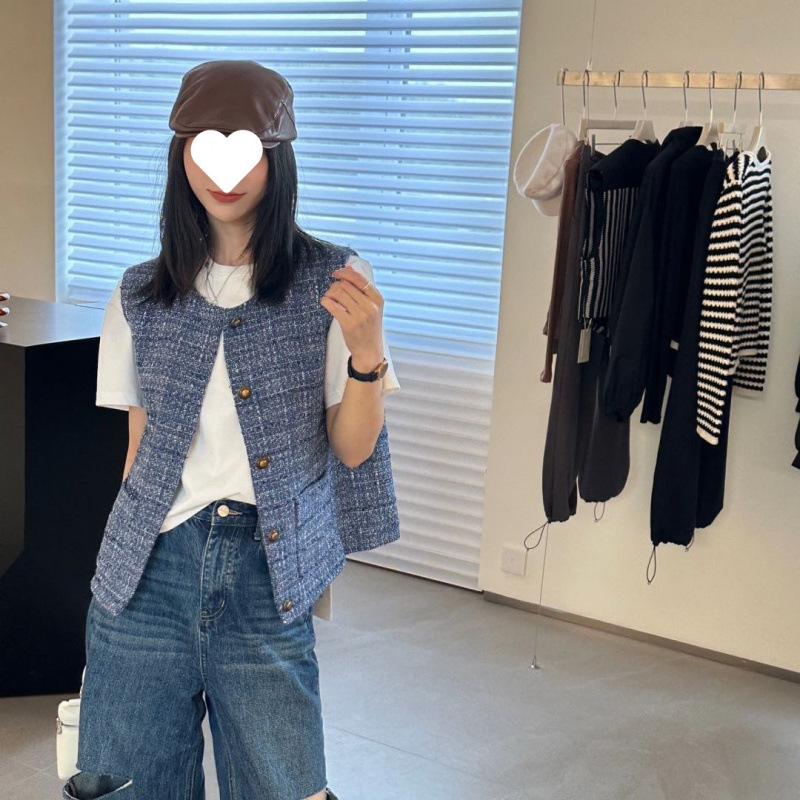 Trendy Niche Loose Chic Round Neck Sleeveless Cardigan Vest for Women Summer Retro High-End Layered Waistcoat Vest