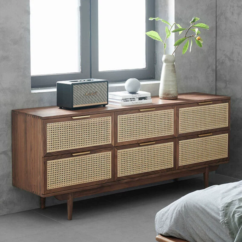 Твердая древесина черный орех дерево ротанг шкаф с шестью ящиками гостиная столовая боковой шкаф спальня шкафчик шкаф для хранения