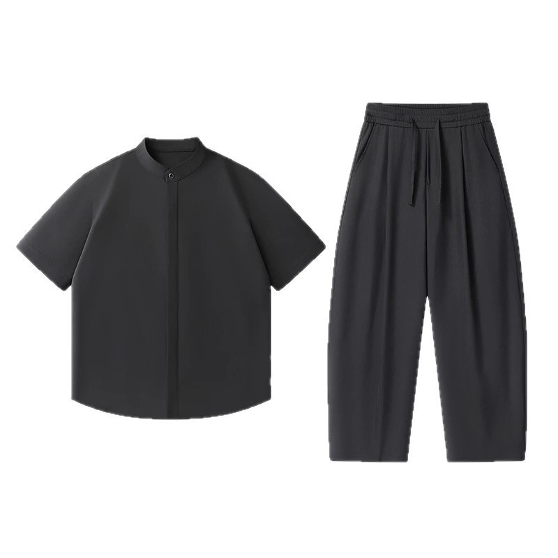 Summer New Ice Silk Short-Sleeved Shirt Suit Summer No-Iron Men's Thin Solid Color Shirt Casual Pants Two-Piece Set