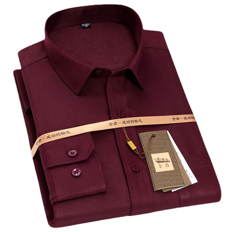 Camisa de manga larga Gold Shield para hombre, sin planchado, para primavera y otoño, ropa formal profesional, ropa de trabajo de negocios, camisa blanca pura con logotipo bordado de fábrica.