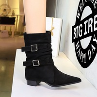 578-21 style fashionable short boots with retro pointed toe, thick heel, suede, Martin boots, belt buckle, not tiring, knight boots