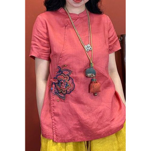 Retro Tang Suit Slanted Lapel Embroidered Short-Sleeved Top Women's Summer New Ethnic Style Stand-Up Collar Loose Thin Cotton and Linen Shirt