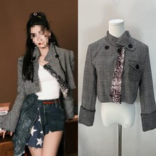 长期现货2025春新款杨颖baby同款短款外套女新款复古格子拼接上衣