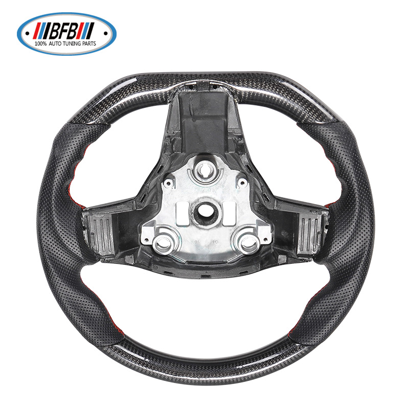 100% Real Carbon Fiber Glossy Black Perforated Steering Wheel Cover - For Tesla Model 3 Y - Red Leather Stitching Modification