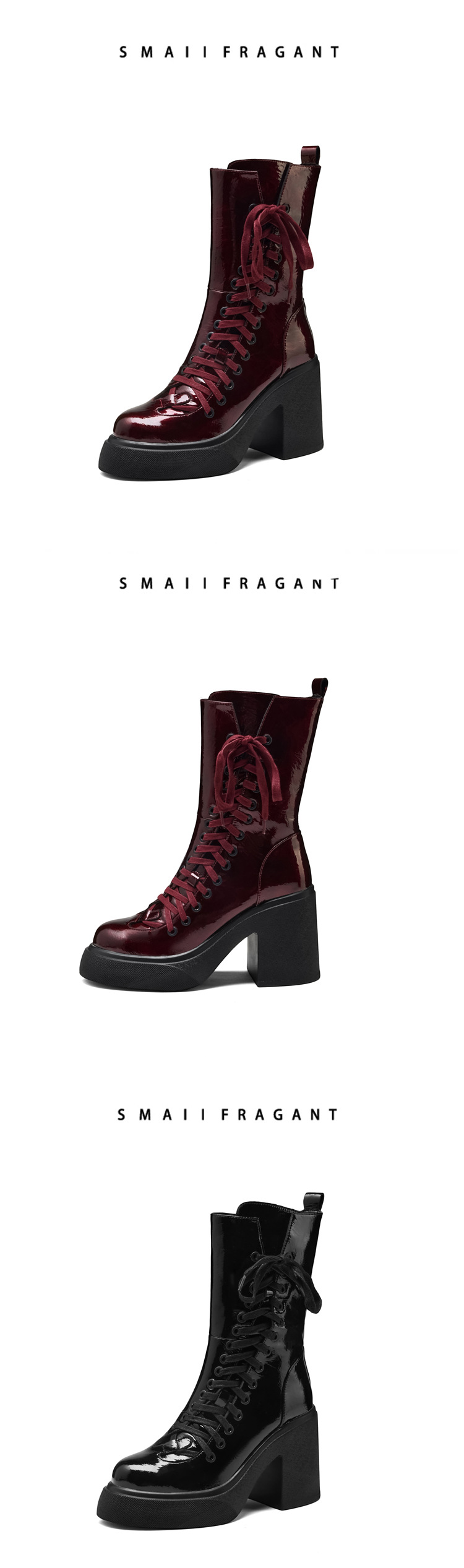 Boot nữ cổ ngắn đế dày 10 cm dây buộc mũi tròn khóa kéo bên — nhung đen chi tiết 13