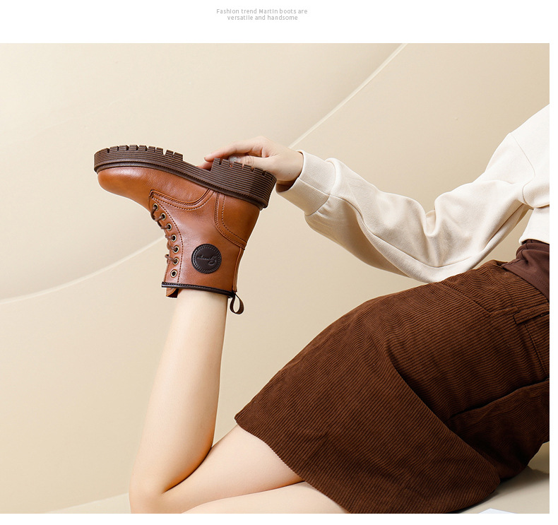 British Style Women's Leather Ankle Boots With Thick Sole_voghion.com