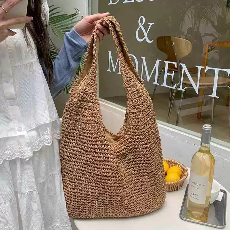 Beach Vacation Style Straw Bag New Shoulder Bag Large Capacity Straw Tote Bag Portable Woven Bag Beach Straw Bag