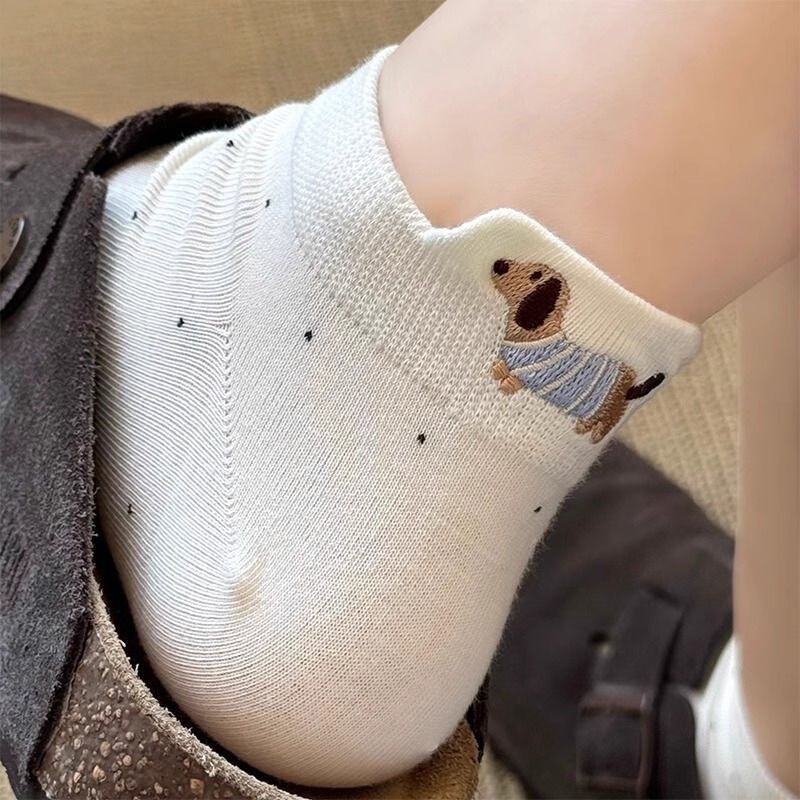 [10A Antibacterial] Spring and Summer Socks for Women, Thin Short Socks with Polka Dots, Cute Cartoon Dachshund Dog Ankle Socks, Trendy Short Socks
